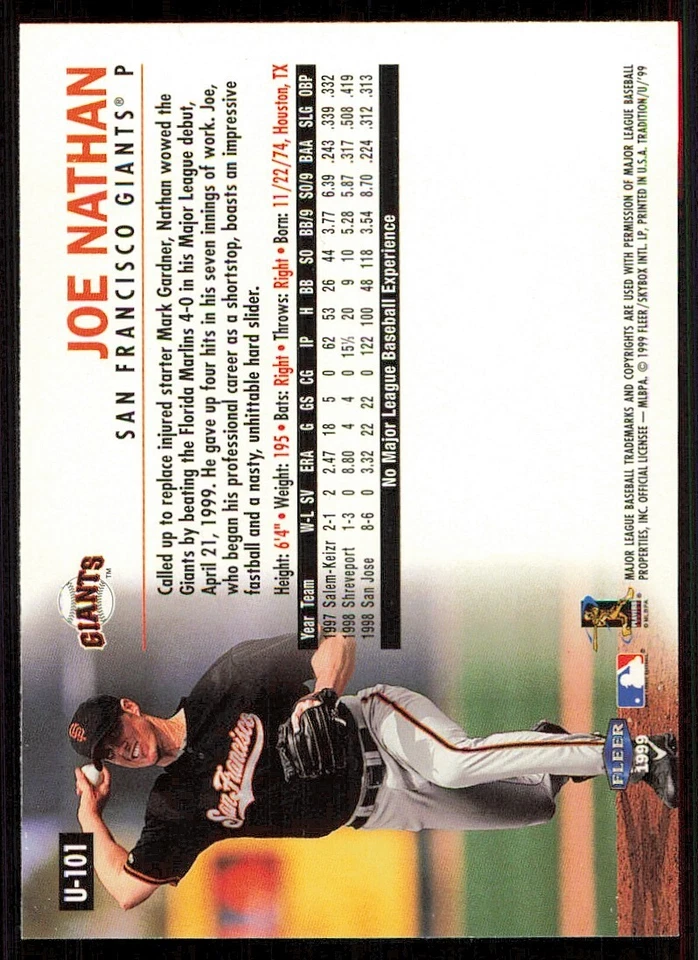 1999 Fleer Tradition Update #U101 Joe Nathan RC - Image 2 of 2