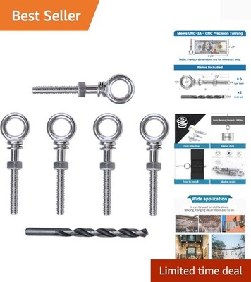 5 Pack 1/4'' x 2'' Eye Bolt T316 Stainless Steel Eye Bolts with Nuts Washers Th...