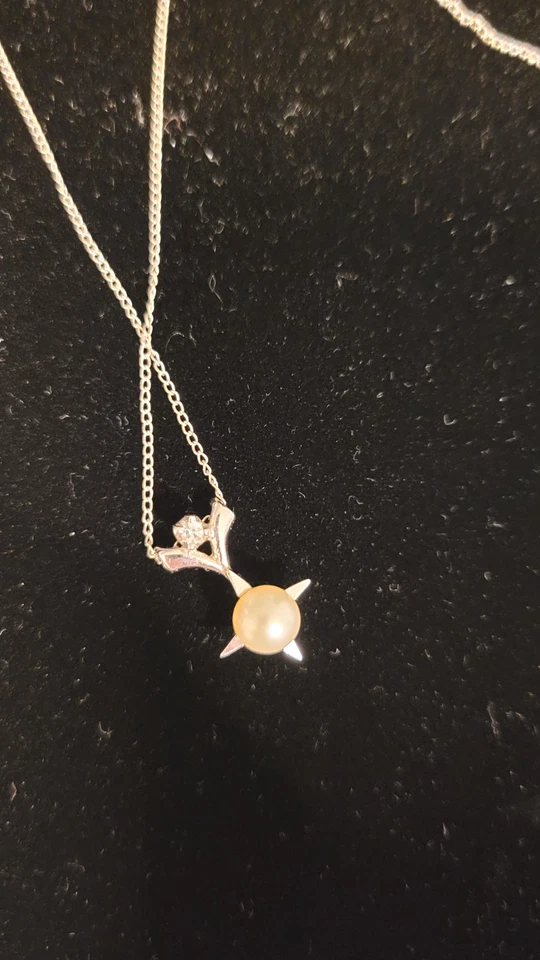 Pearl and accent diamond pendant necklace on 14" white gold chain marked . - Image 4 of 4