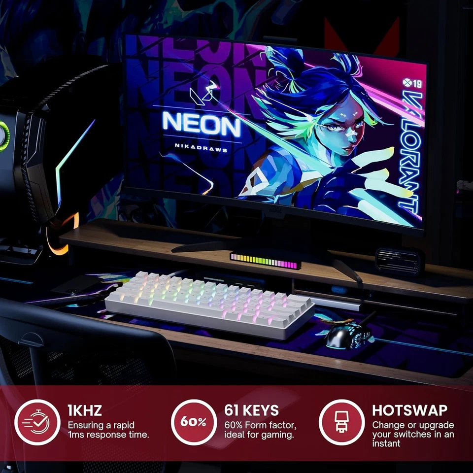 GK61 Mechanical Gaming RGB LED Keyboard - White, Gaetron Optical Brown Switches - Image 4 of 4