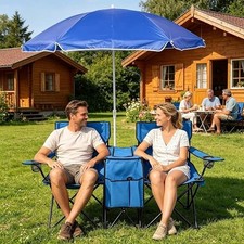 Double Folding Camping Chair with Umbrella and Built-in Cooler Bag