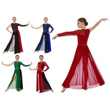 Kids Girls Lyrical Ballet Dance Dress Shiny One Shoulder Long Sleeve Dancewear