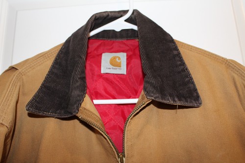 Vtg 90's Carhartt Detroit Jacket Tan Mens L Duck Canvas Red Quilt Lined Work - Image 1