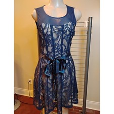 Candalite Navy Blue Lace Mesh Fit and Flare Cocktail Dress Small RN 142687