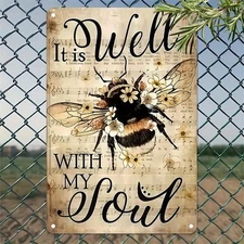 Rustic Bee Metal Plaque Vintage Musical Sheet Style Wall Art for Farmhouse Decor