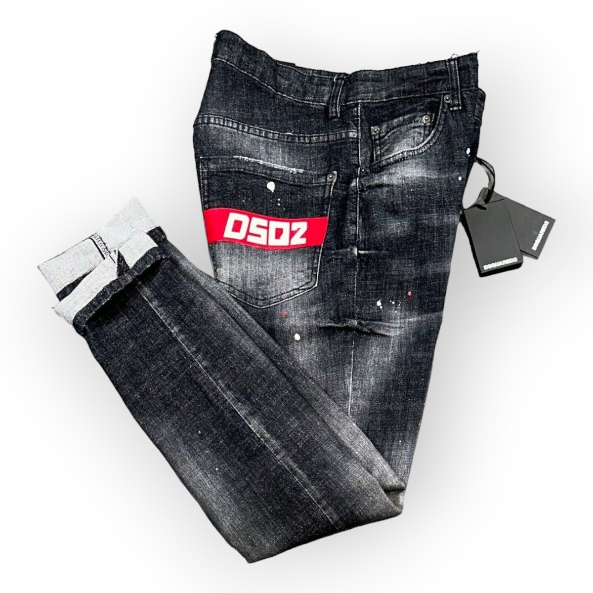 New DSQ2 Red Label Men's Slim Fit Stretchy Painted Washed Black