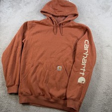 Carhartt Hoodie Mens Small Orange Logo Sleeve Original Fit Pullover Workwear