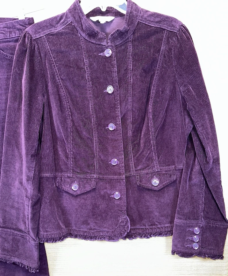 Conjunto de traje de pana de 2 piezas St Johns Bay chaqueta L pantalones 12 púrpura spandex adelgazante Foto 3 de 4