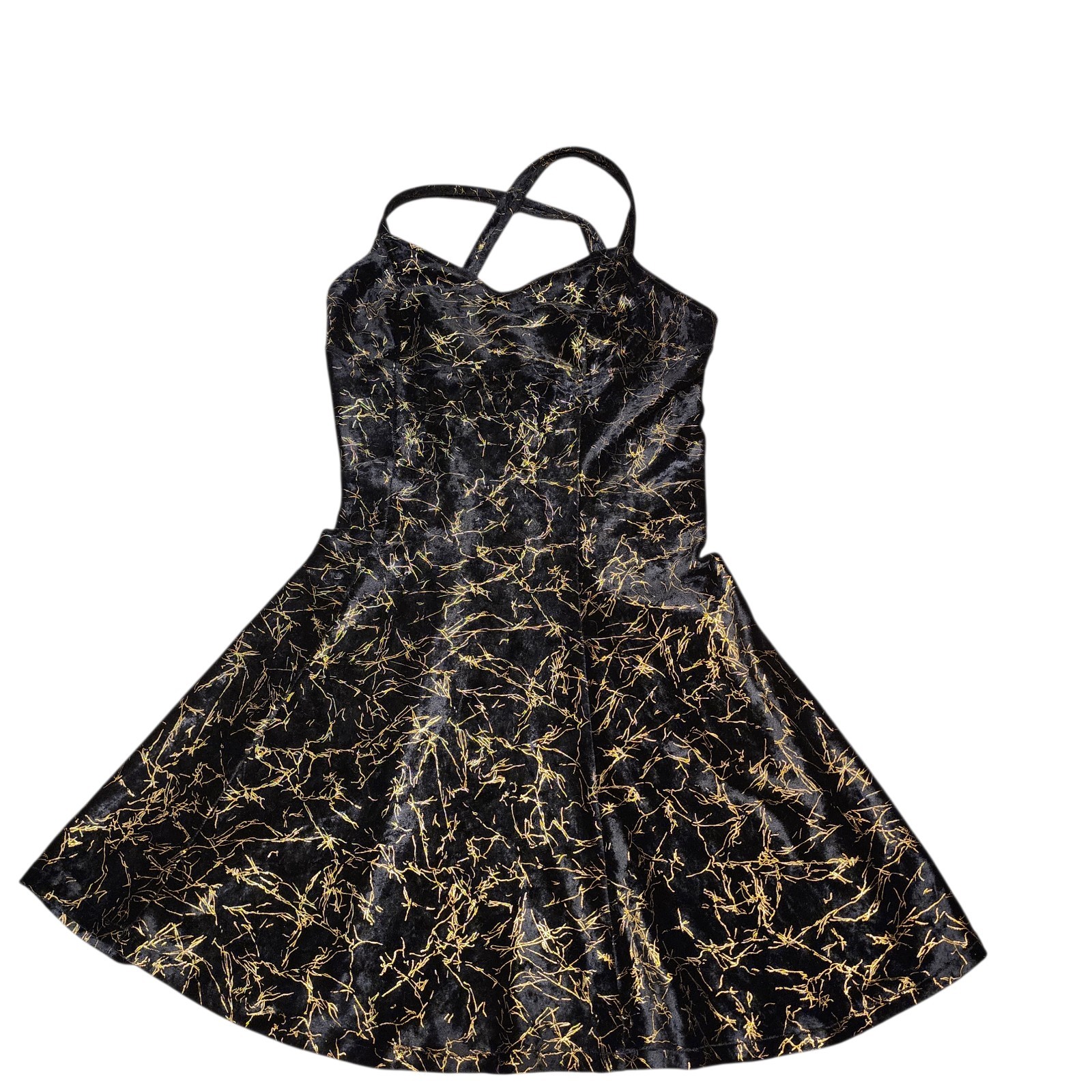 Vintage Velvet Halter Dress Black Gold Y2K 90s Stretch Whimsigoth Glam One Size