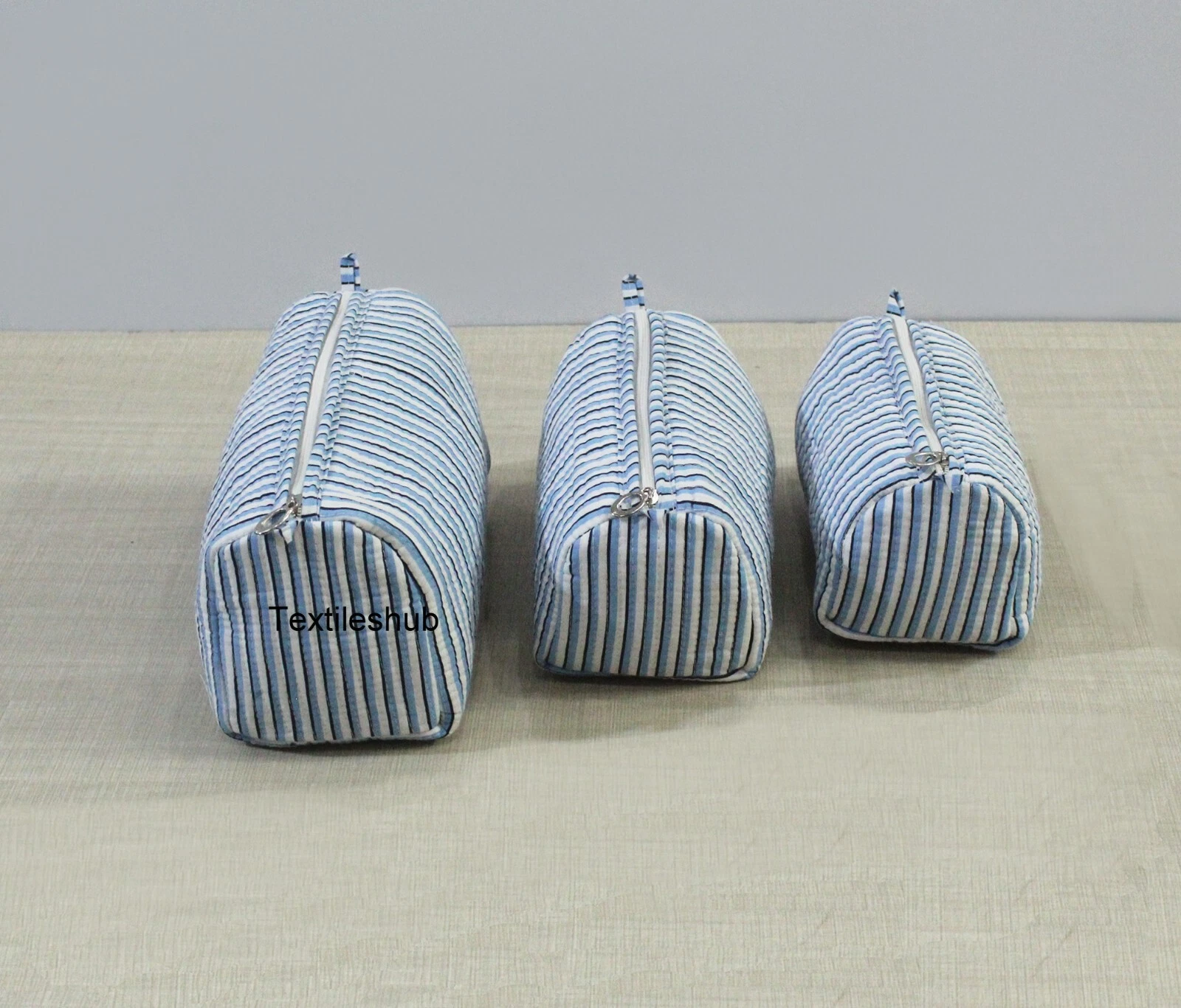 Indian Blue Striped Cotton Quilted Toiletry Purse Cosmetic Storage Bag Of 3 Pcs