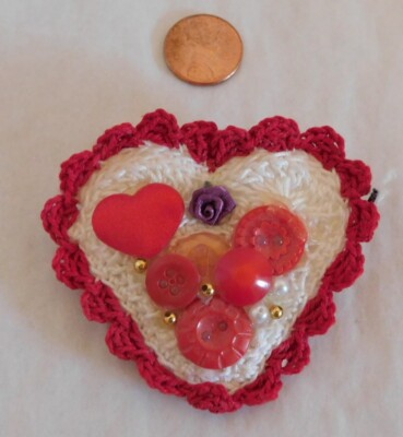 Artisan Crafted Pin / Brooch - Heart - Yarn, Buttons, Beads - Crochet  (#D389)