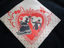 Vintage 1940's VALENTINE Crepe Paper Napkin / Black Silhouette Dancers On Red