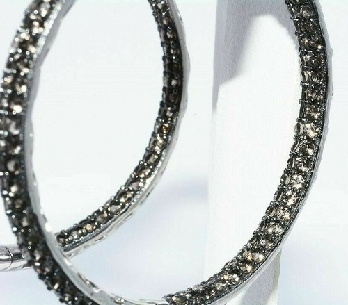 $600 6.70CT NATURAL BROWN SMOKY QUARTZ CLUSTER IN & OUT HOOP EARRINGS SILVER - Picture 4 of 6