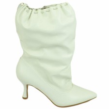 Stivali donna tronchetto a punta bianco in pelle con tacco midi 5 cm a spillo e 