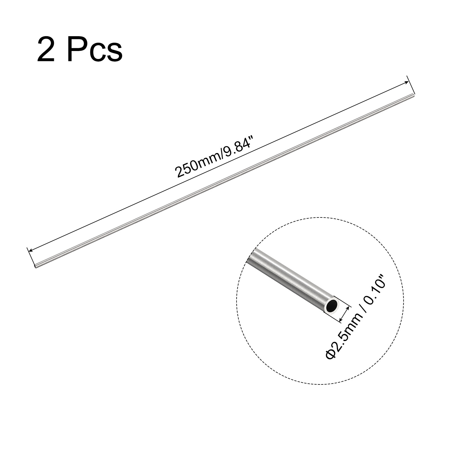 QUARKZMAN 304 Inoxydable Acier Capillaire Tube, OD 2.5mm X 0.2mm Mur Épais 250mm Longueur Métallique Tube Pour Industrie Machines, 2pcs