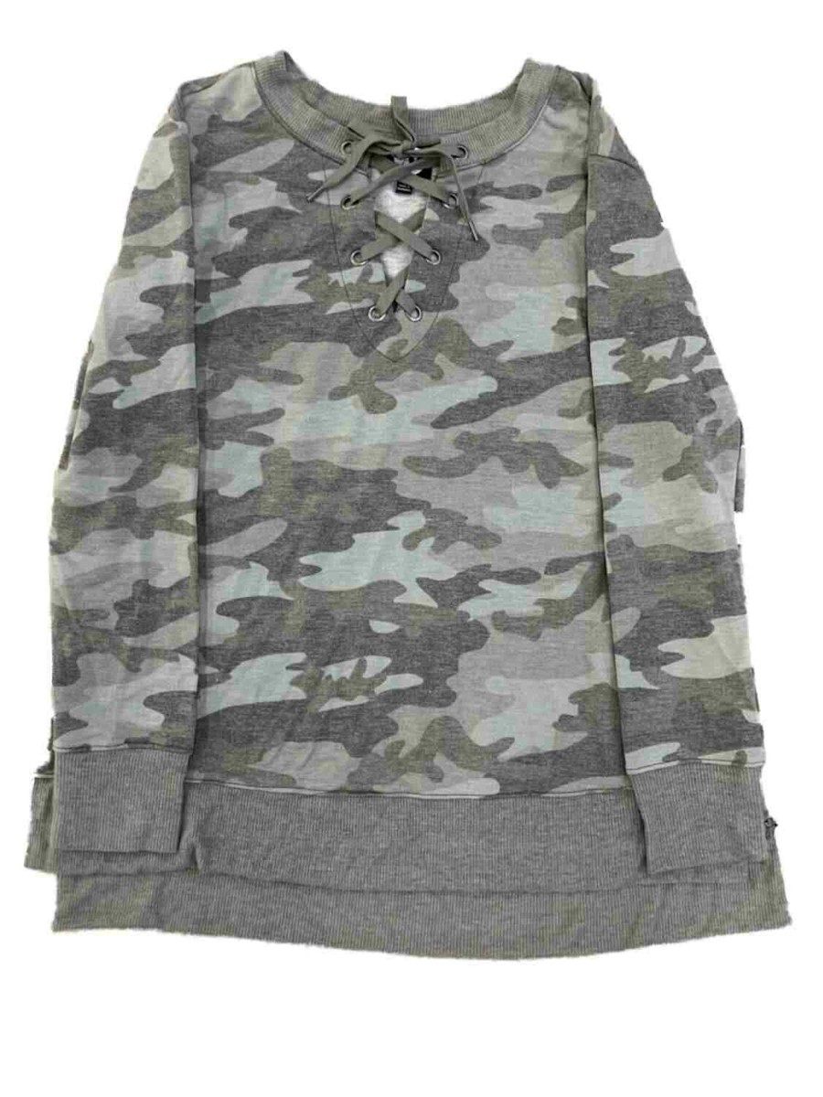 Womens Olive Grey Camo Front Lace-Up Lightweight Sweatshirt Shirt