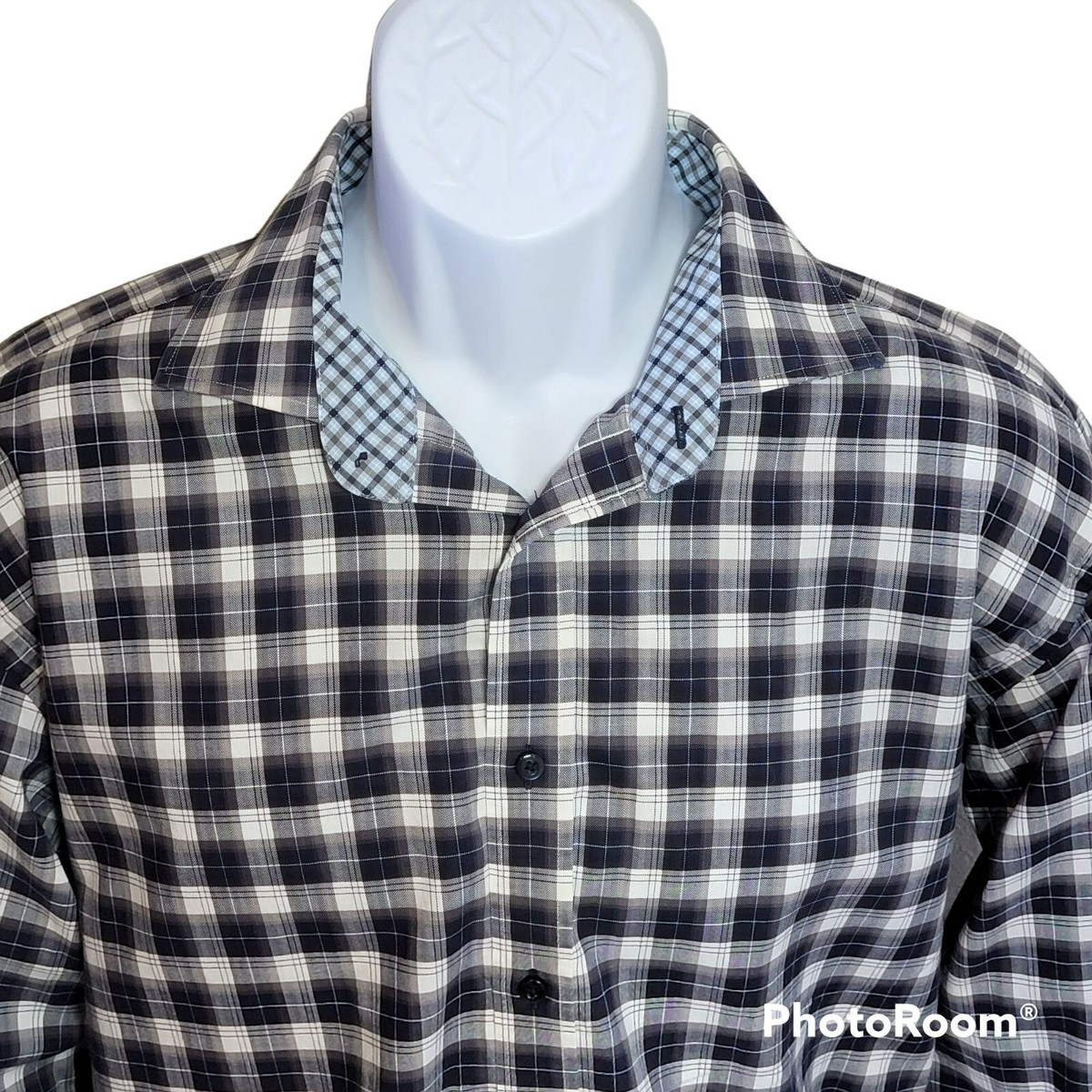 Thomas Dean Men's L Dress Shirt Navy & White Check Button Down