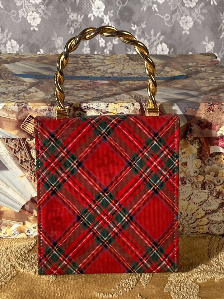 Mini bolso de mano vintage años 90 rojo verde a cuadros asa superior despistada cartera retro Foto 2 de 4