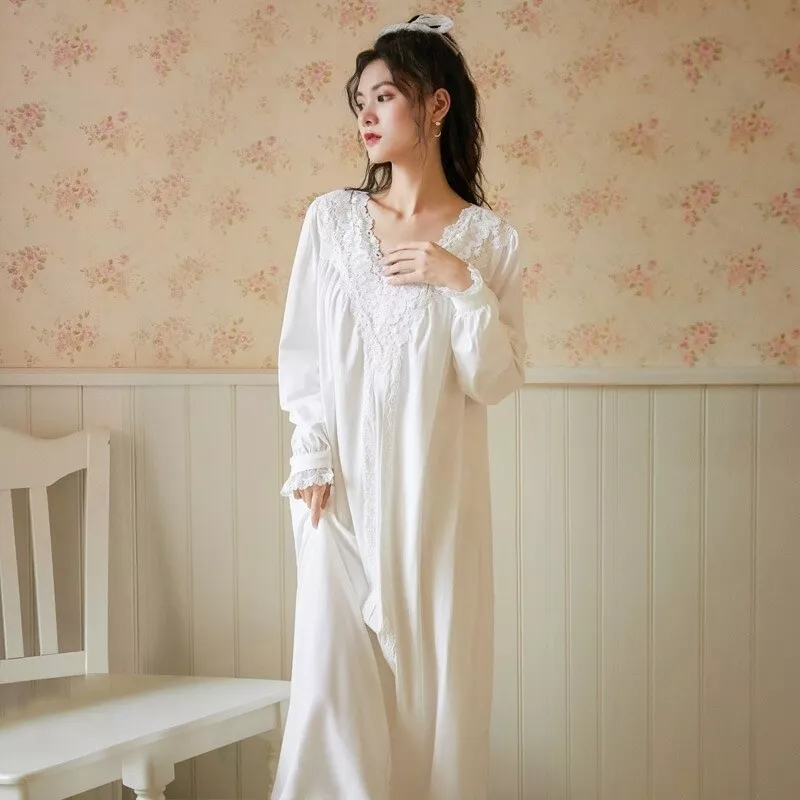 Women Sleep Dress Nightgown Sleepwear Lace Cotton Long Sleeve Retro White