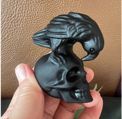 TOP ! Natural Hand Carved Obsidian Crow Skull Crystal Quartz Reiki Healing 1PC