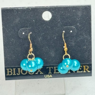 Vintage Bijoux Terner Pierced Earrings Teal Bead Cluster Dangle Drop Y2K 90s