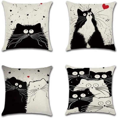 4er Set Dekorative Kissenhüllen Baumwolle Leinen Katze Muster 45x45cm - Bild 1 von 4