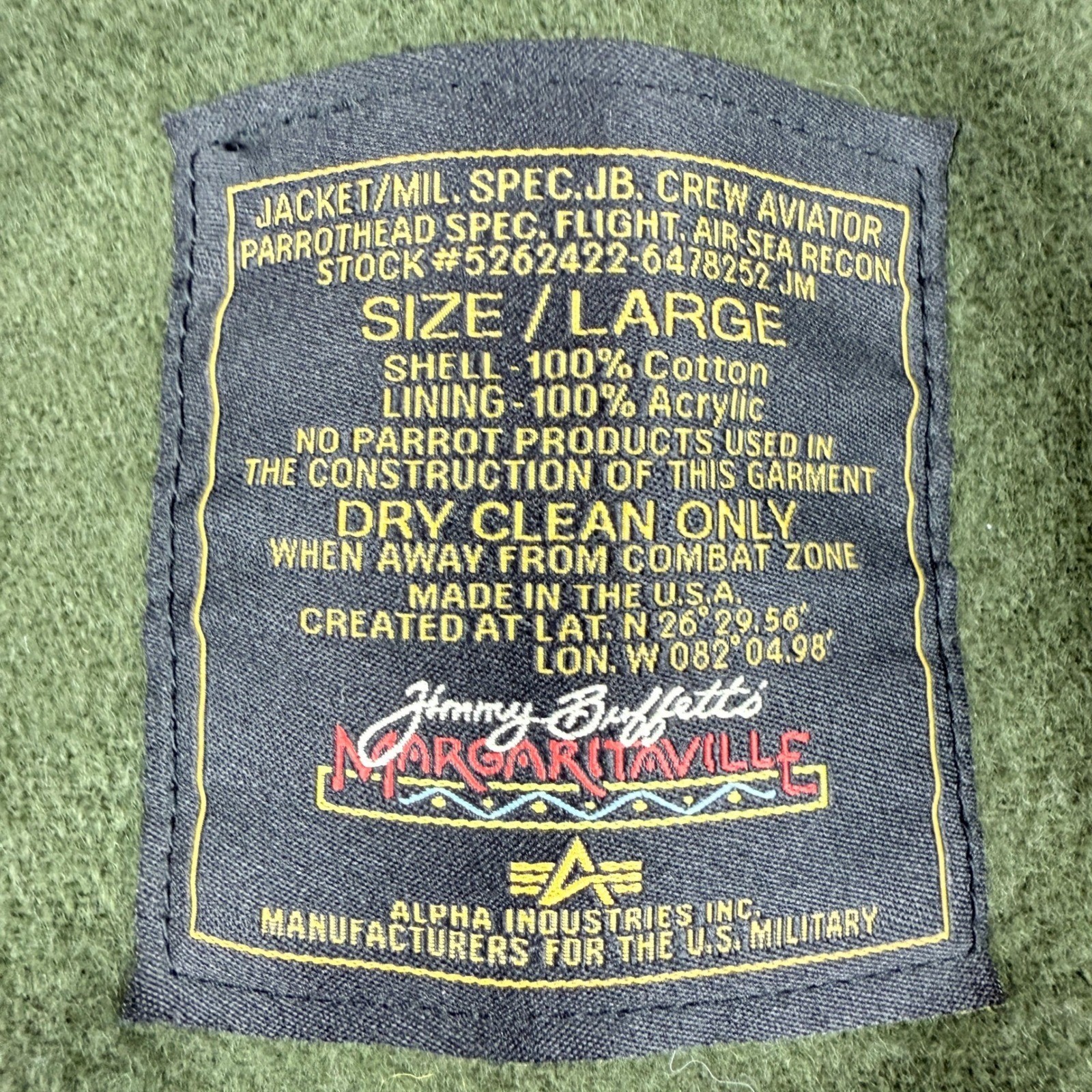 VTG Jimmy Buffett Margaritaville Alpha Industries Aviator Jacket Men L Bomber LE - second product detail image