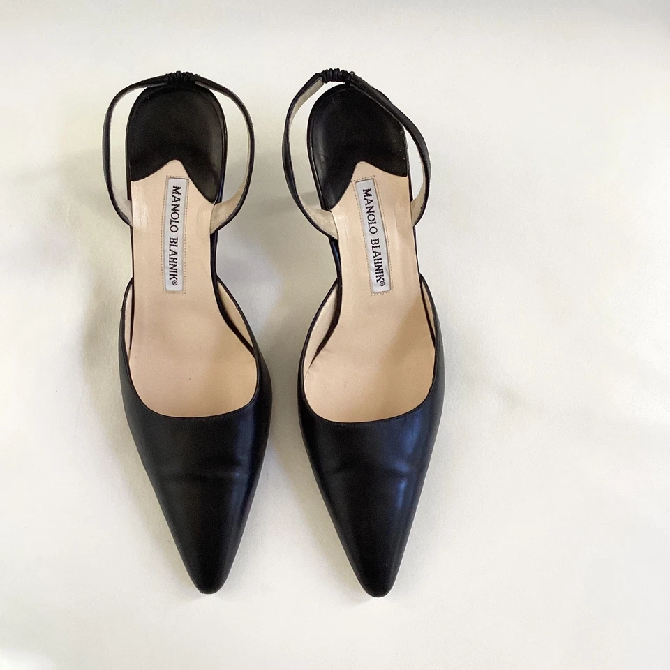 Manolo Blahnik из черной кожи слинга котенок каблук женские туфли размер 9,5 - Изображение 2 из 4