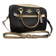 NWT Coach Brown Metallic Pale Gold Logo Satchel with Metallic Trim