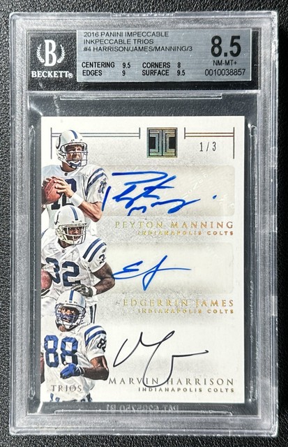 PEYTON MANNING HARRISON JAMES BGS 8.5 2016 IMPECCABLE INKPECCABLE TRIOS AUTO 1/3