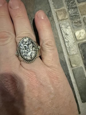 Signed Native American White Buffalo Ring Sterling Silver Size 11 3/4