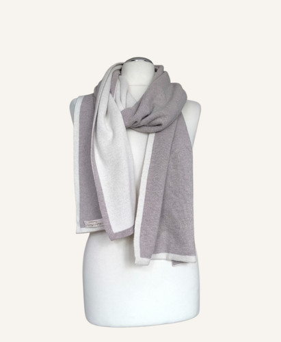 ANDRE MAURICE Double sided taupe white knit cashmere wool blend long scarf