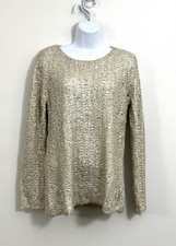 Chicos 1 (M) Tan Gold Metallic Knit Sweater Crewneck Top Tunic Party Holiday Y2K