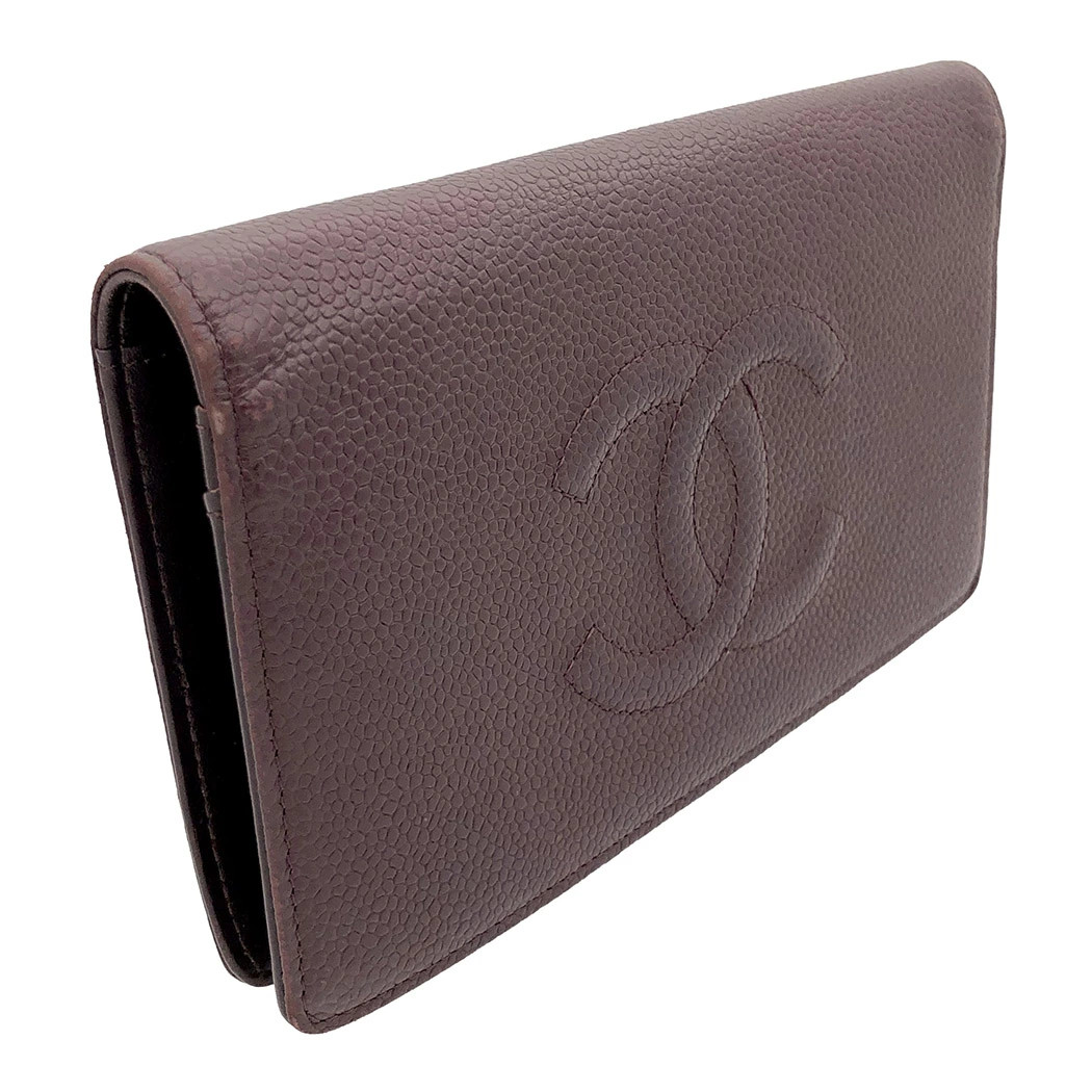 CHANEL Caviar Skin Bordeaux Gray Bi-fold Long Wallet for Women