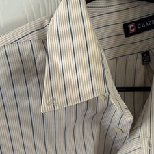 Chaps Men's XL 17-17.5 Striped Dress Shirt Beige Blue Wrinkle Resistant Pockets