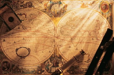 Vintage World Map with Telescope and Compass Photo Art Print Poster 18x12