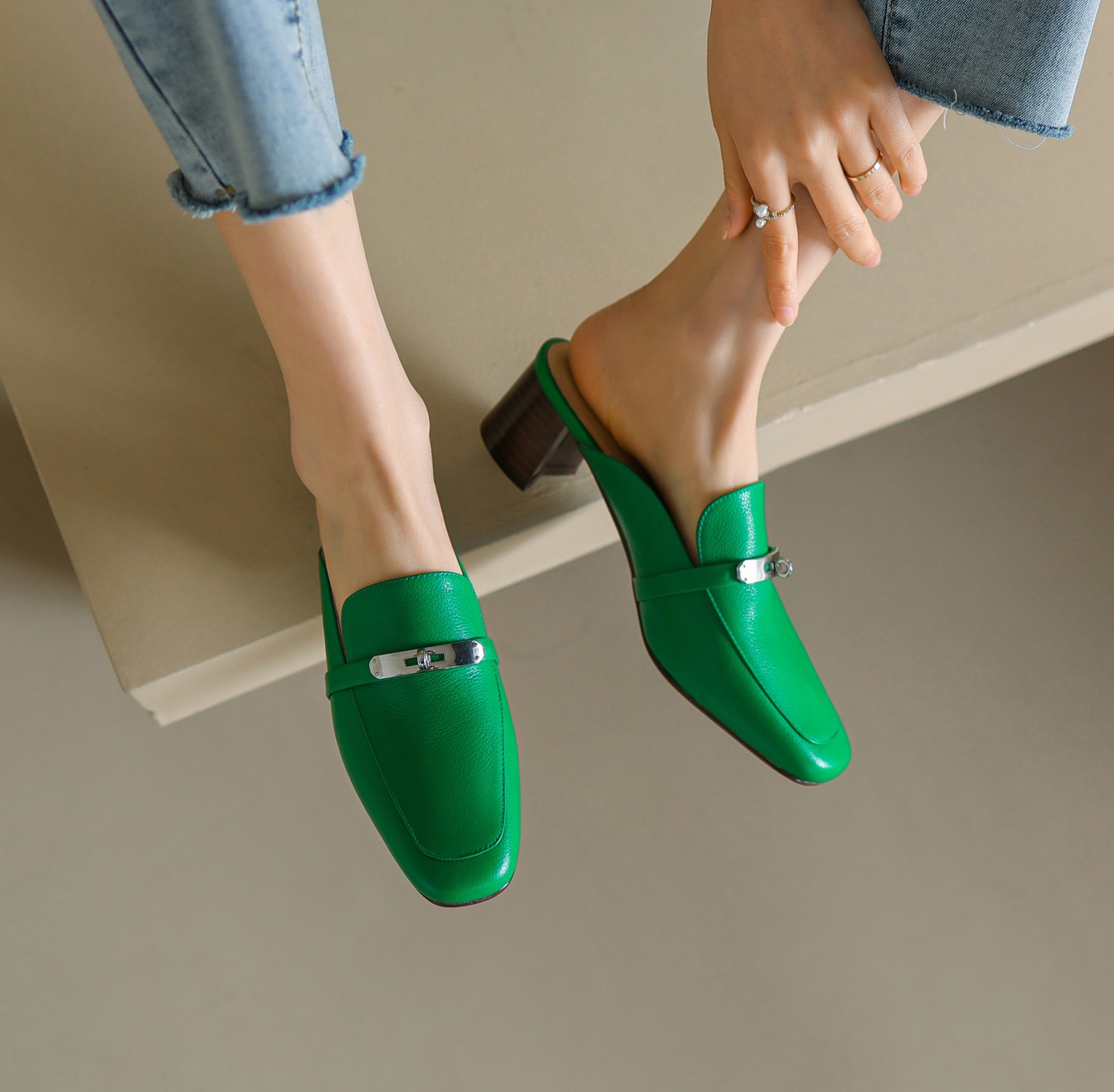 PANTOFOLA D’ORO Pantofole retrò tacco grosso donna vera pelle punta tonda slip on scarpe Muller