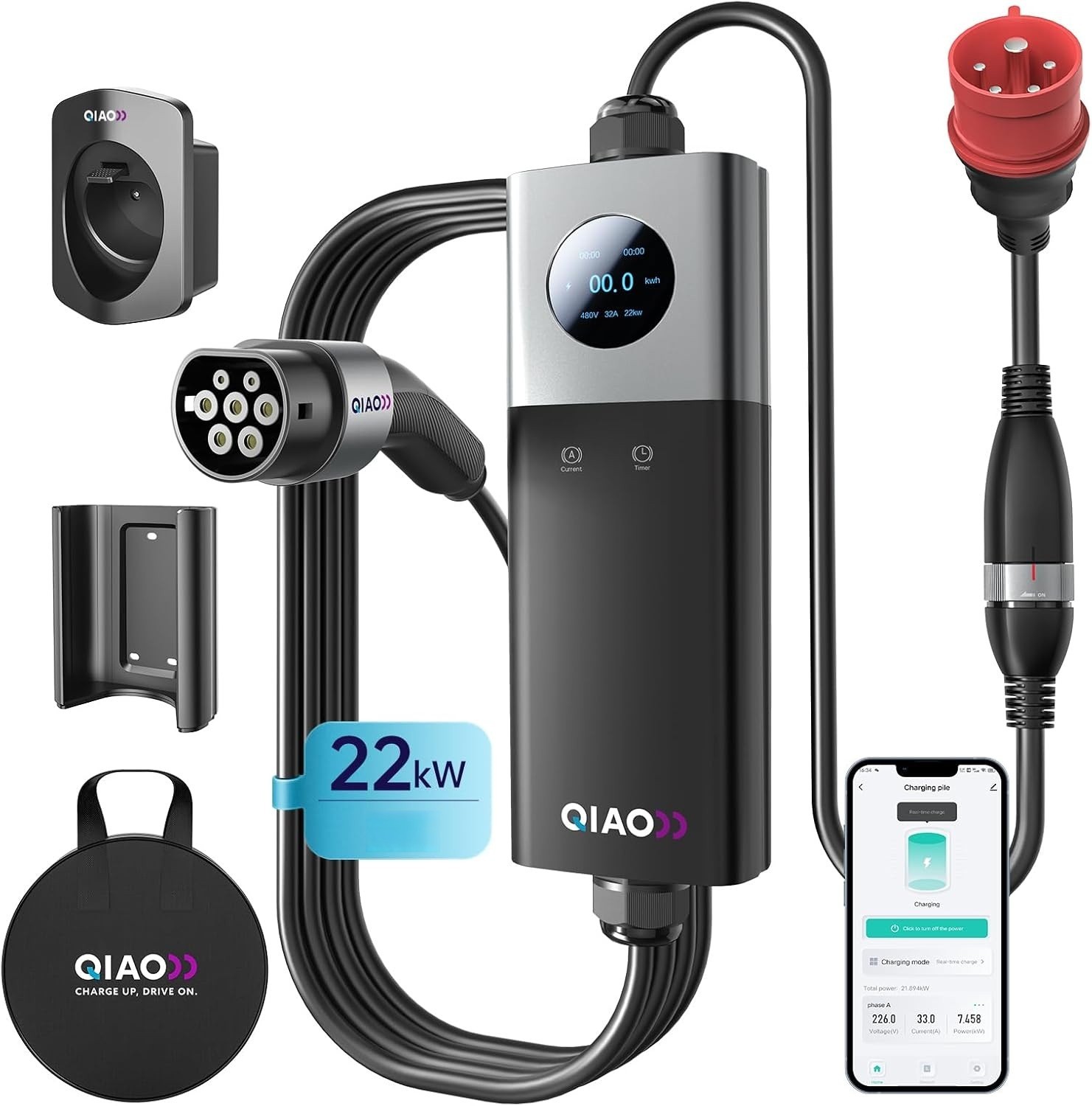 Wallbox Mobile 22 kW CEE 32A Chargeur Véhicule Électrique Type 2 Énergie Triphasée QIAO