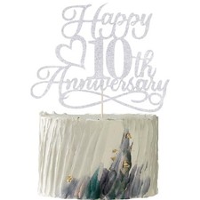 Silver Glitter Happy 10th Anniversary Cake Toppers  Wedding Anniversary Part...