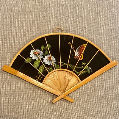 Vintage Hand Painted Fabric Stretched Asian Bamboo Fan Wall Decor Butterfly