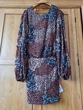 Asos Design Sequin beaded Bronze Mini Dress Uk 10 Long Sleeves Cut Out Back
