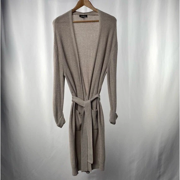 Express Long Tie Waist Pocket Cardigan Sweater in Light Brown Size Medium