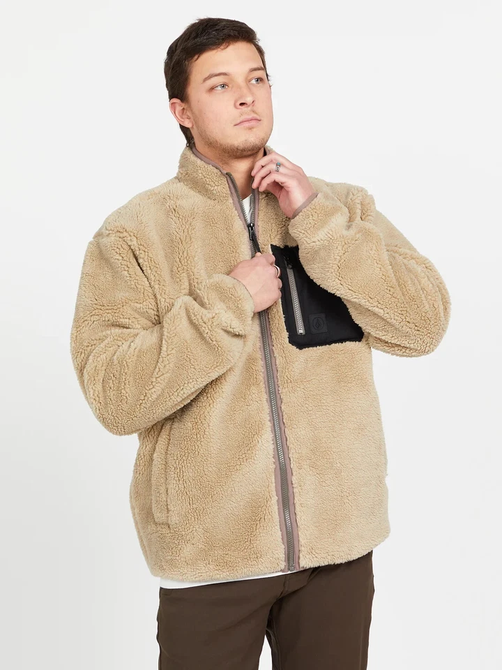 VOLCOM Muzzer Fuzzar Mens Fleece High Pile Zip-Up Jacket Size XLarge Khaki - Image 4 of 4