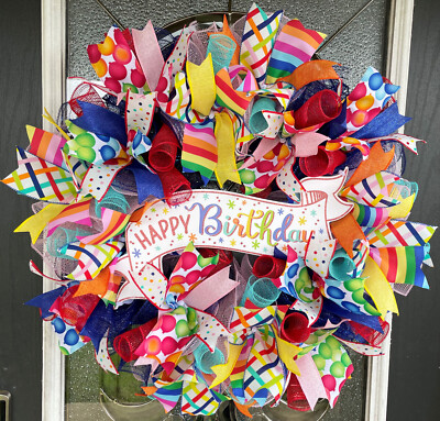 Happy Birthday Balloon Party Front Door Deco Mesh Wreath Festive Bright Cheerful
