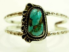 Vintage Turquoise Cabochon Scroll accent Cuff Bracelet Sterling Silver 6.5"-7"