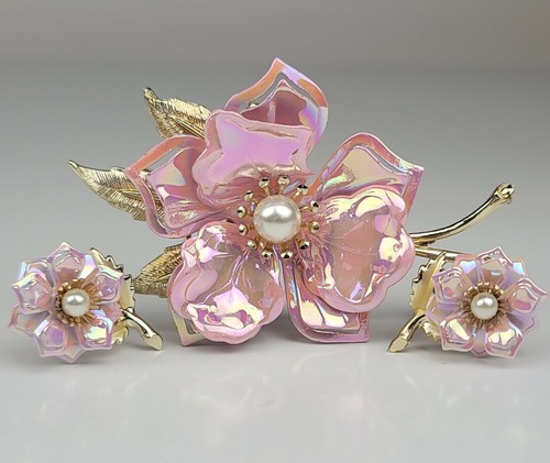 Vintage Coro Enamel Flower Brooch Pin And Matching Clip On Earings w/ Pearlf - Picture 4 of 24
