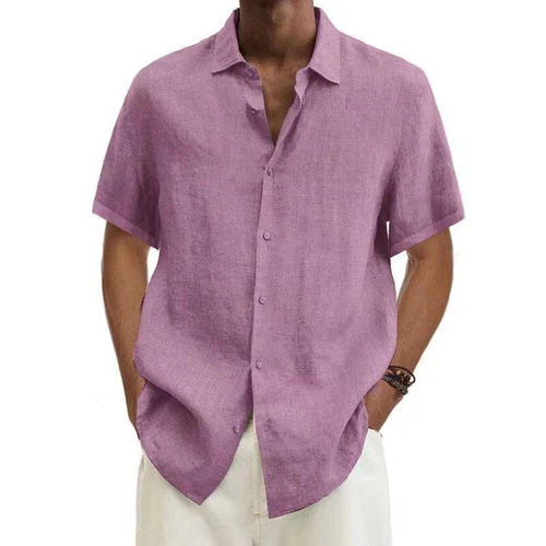 Camisa de vestir suelta con botones de manga corta de algodón y lino para hombre - Imagen 6 de 33