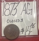 1873 Indian Head Cent (AG) About Good Condition! “Closed 3” ENN Coins