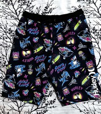 Hurley Big Boys XL Board Swim Shorts Lined Black Neon Surf Trunks Knee Length