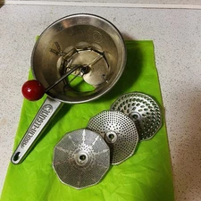 Vintage Moulin À Lègumes Food Mill With 3 Discs. Stainless/ Aluminum. Red Knob.